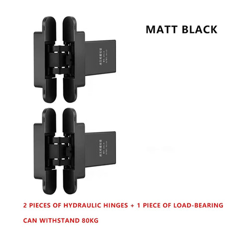Straight Up Slick Concealed Hinge Kit For Smooth Zero Hassle Auto Closing Door With Heavy Duty Hydraulic Buffer and two hydraulic hinges in matt black.