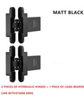 Heavy Duty Rock Solid Invisible Hinges For Secret Doors With Auto Close Function And Adjustable Hydraulic Buffer Concealed Cross Design For Dead Silent Operation Matte Black 80Kg with dual hydraulic hinges and load-bearing piece.