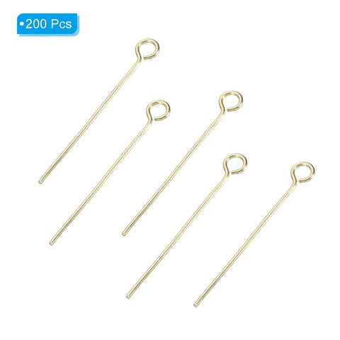 Gold Tone 304 Stainless Steel Eye Pins 200 Pcs Set, 25mm Long, 22 Gauge Open Eye Pins For Jewelry Making DIY Craft Necklaces, Bracelets, Earrings, Beading Links, Bulk Jewelry Findings. 200-piece gold eye pins on white background