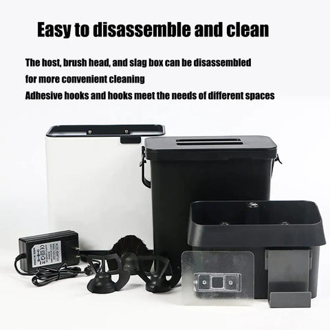 Top Shelf Electric Portafilter Cleaner And Knock Box With 58mm Fit Power Wash Motor Stainless Steel Build disassembled parts and accessories for easy cleaning.