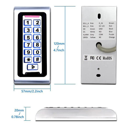Standalone Door Access Control System With Backlit Password Keypad And Includes Five Proximity Key Fobs Supports 2000 Users Card Reader Weatherproof Zinc Alloy Case For Garage Door And Gate Opener showing front, back, and side views with dimensions.