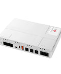 Mini UPS Backup Power Supply 8000mAh Battery Pack For Routers and Modems, white device with various output ports.