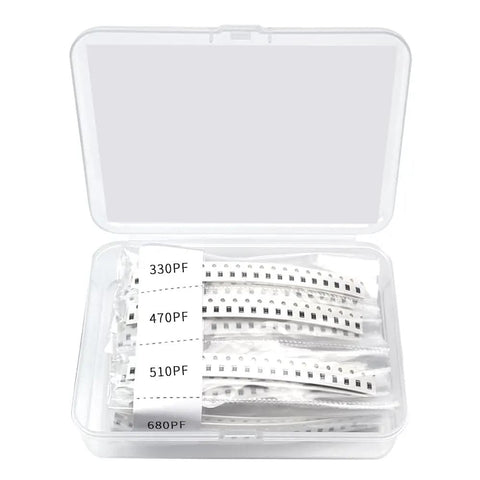 Open box of Bulk 600 Piece 30 Value 0805 SMD Capacitor Kit With 1pF To 10uF Range, capacitors labeled with PF values