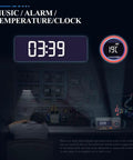 Digital clock displaying 03:39 with music notes, temperature reading 19°C, promoting 5566SE Digital Multimeter With Built In Bluetooth Speaker.