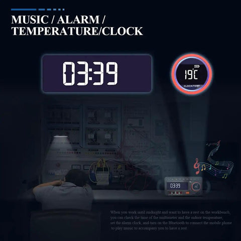 Digital clock displaying 03:39 with music notes, temperature reading 19°C, promoting 5566SE Digital Multimeter With Built In Bluetooth Speaker.