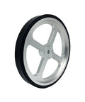 500mm Aluminum Encoder Measuring Wheel, Synchronization Length Wheel, 8mm Bore, showcasing sleek aluminum design with a black rubber rim.