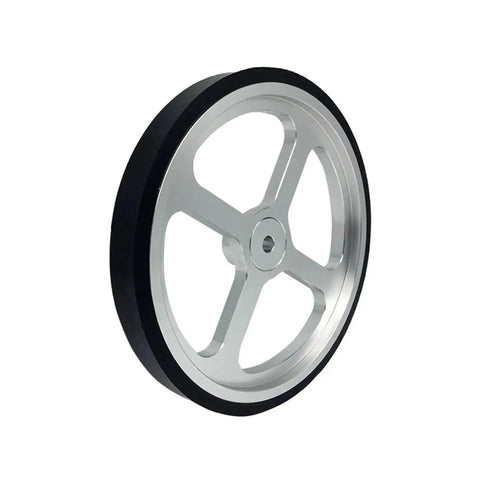 500mm Aluminum Encoder Measuring Wheel, Synchronization Length Wheel, 8mm Bore, showcasing sleek aluminum design with a black rubber rim.