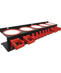 Heavy Duty Galvanized Spray Bottle Wall Mount Rack With Triple Hanging Hooks For Garage Car Wash Cleanup And Shop Storage To Keep Your Gear Sorted And Your Setup On Point, side view with red hanging hooks.
