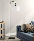 70 Inch Arc Floor Lamp With Fabric Shade In Brass White Modern Curved Arm Reading Light For Living Room Cozy Reading Nook Vibe