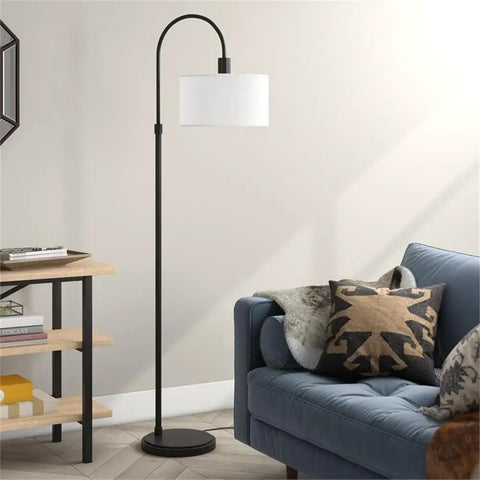 70 Inch Arc Floor Lamp With Fabric Shade In Brass White Modern Curved Arm Reading Light For Living Room Cozy Reading Nook Vibe