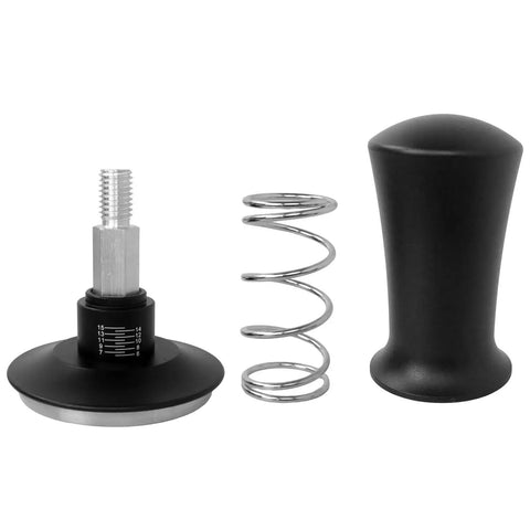 Heavyweight Black Fifty Eight Millimeter Espresso Tamper Locks Tight To Any Standard Portafilter with stainless steel base and black handle