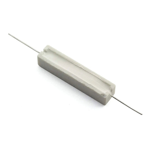 10 Pack 10 Ohm Cement Resistors 10W Horizontal Wirewound Components close-up showing gray resistor with metal leads for reliable circuit testing.