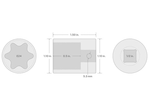 Diagram of Half Inch Drive E24 Shallow External Star Impact Socket showing dimensions for high torque slip resistant 6 lobe fit