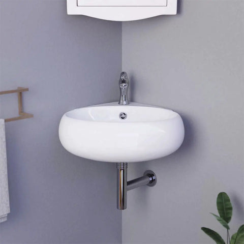 Corner Wall Mounted Bathroom Sink White 14.5 Inch with Overflow, Space Saving Basin in modern bathroom setting