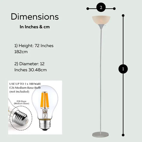 Dope Silver Torchiere Floor Lamp With White Opal Shade Modern Standing Fixture For Living Room Bedroom Or Office 72 Inch Tall E26 Base Compatible Soft Easy On The Eyes Lighting