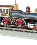 Side view of 4-4-0 American Steam Locomotive With DCC Ready System Union Pacific 119 HO Scale Wood Load EZ Mate Couplers on track
