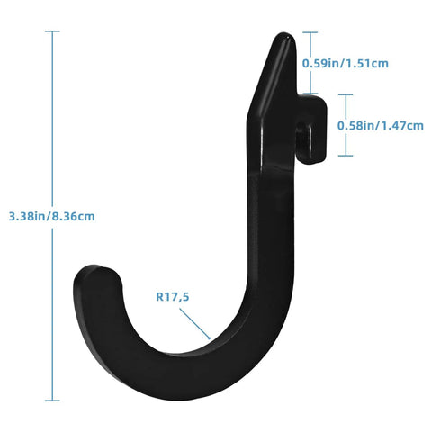Close-up view of black steel hook for Squat Rack Hooks And Power Rack Attachments For DIY Storage, showing dimensions.