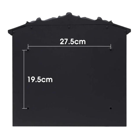 Rear view of Locking Wall Mounted Steel Mailbox For Outdoor Use, Built To Last, Rust Proof Construction, dimensions shown.