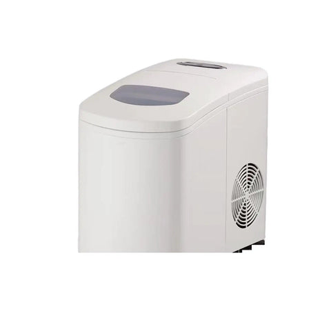 Top Shelf Compact Ice Maker For Countertops producing ice, sleek white finish, compact size for home bar setups.