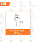 50 Pack Size 8 Screw Eyes Nickel Plated Steel Screw In Eye Hooks Silver Rust Resistant Heavy Duty Hardware showing dimensions.