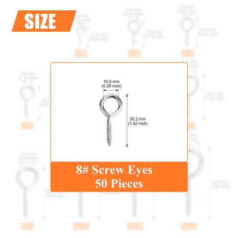 50 Pack Size 8 Screw Eyes Nickel Plated Steel Screw In Eye Hooks Silver Rust Resistant Heavy Duty Hardware showing dimensions.