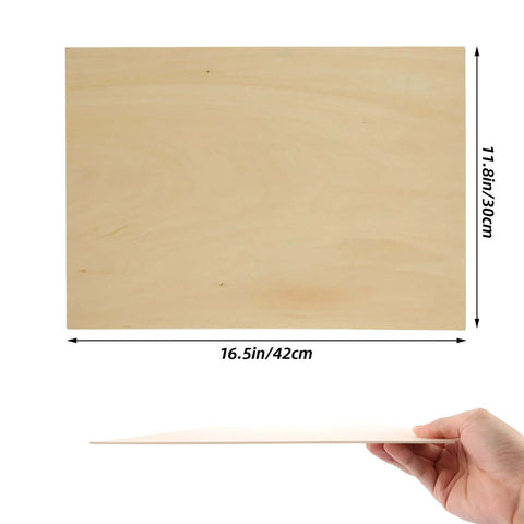 Front view of unfinished basswood sheet, 16 x 12 inches, 1/16 in thick, light wood tone.