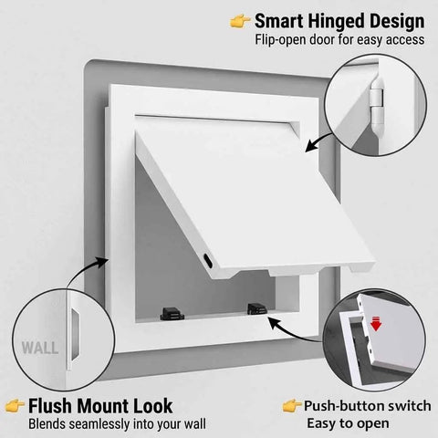 Top Shelf Heavy Duty Aluminum Access Panel Door For Drywall And Ceiling, Recessed Plumbing Cover With Push To Open Hatch, Built Ridiculously Tough With Zero Sweat Install For Your Next Renovation Black 8X12 Inch, showing a smart hinged design.