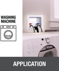 Quadtro Washing Machine Outlet Box Tail Piece With One Quarter Inch Turn Water Hammer shown installed near washing machine
