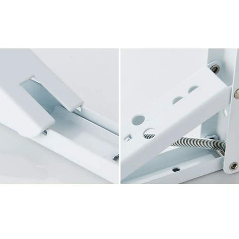Close-up of Heavy Duty White Folding Shelf Brackets showcasing metal construction and compact design for wall support.