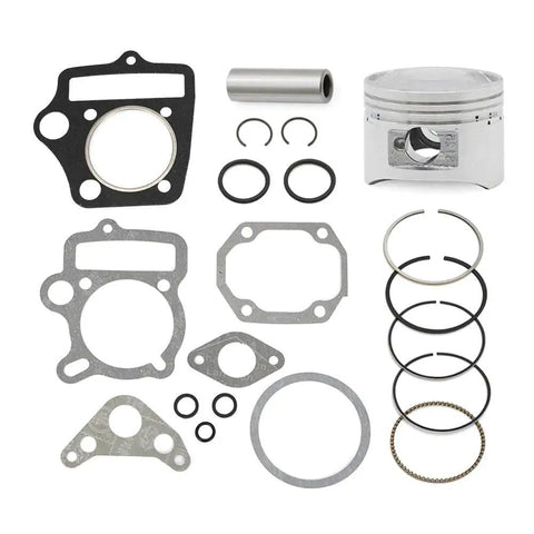 54Mm Piston And Ring Set With Head Gaskets Kit For 125Cc Pit Dirt Bike And ATV Go Kart Horizontal Engine BeefedUp Replacement Fits SSR Baja Roketa Apollo Bms NST Taotao shown with components