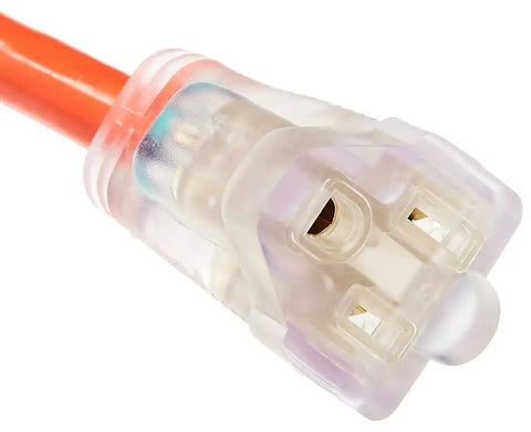 Close-up of lighted plug on Heavy-Duty 75 Foot 3-Prong Indoor Outdoor SJTW Lighted Extension Cord, orange, 12-gauge copper wire.