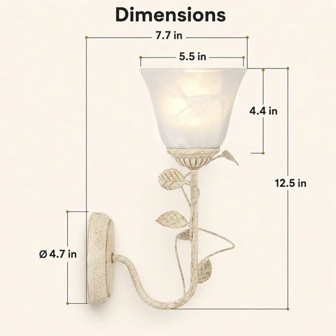 Dimensions of Folux Battery-Operated Vintage White Flower Wall Sconce Set of 2, Wireless Wall Light with Rechargeable Bulb Remote Control.