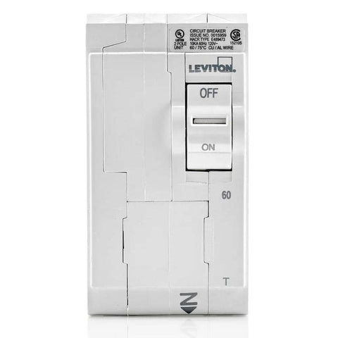 60 Amp 2 Pole Plug On Standard Branch Circuit Breaker For 120 240 Vac Panels Thermal Magnetic LB260T White With Color Indicator Handle For No Fuss Load Center Wiring, front view