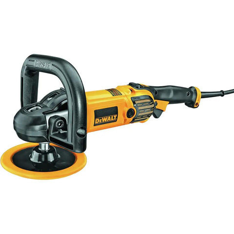 Variable Speed Car Polisher with 12 Amp Motor, 7 to 9 inch range, showing 2-position side handle and backing pad for paint correction.