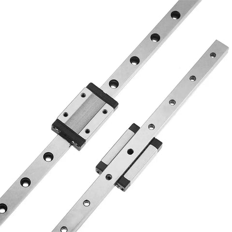 MGN12 Linear Guide Rail Kit for 3D Printers Pro Grade Aluminum Rail with Black Carriage, showing two aluminum rails with carriages.