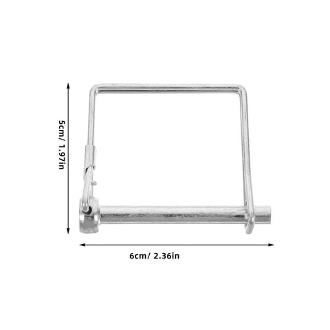Heavy Duty 6 Pack Square Trailer Hitch Coupler Safety Pins With Lanyards Plus Locking Cotter Keys, silver square pin measuring 6cm x 5cm.
