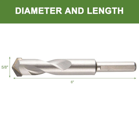 Side view: 5/8 in x 6 in masonry drill bit, carbide-tipped for concrete, brick, stone.