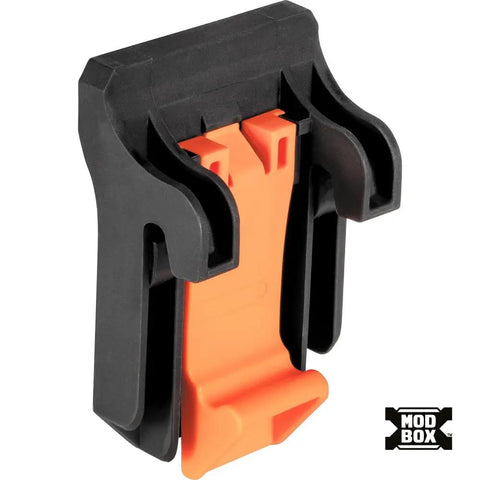 Black and orange MODBox Utility Cart Ladder Holder and Storage Hooks for Secure Vertical or Horizontal Ladder Mounting on MODBox Carts