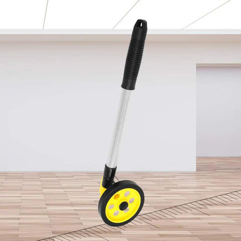 Semme WS 202 C2 Handle High Visibility Measuring Wheel with yellow wheel and aluminum handle on wooden floor.