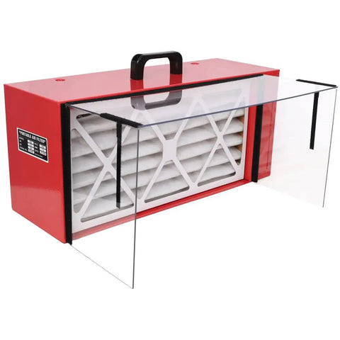 Knockout Portable Dust Collector With 725 Cfm Airflow And Variable Speed Control Nitty Gritty Sawdust Extractor For Woodworking Shops, red unit with filter and handle.