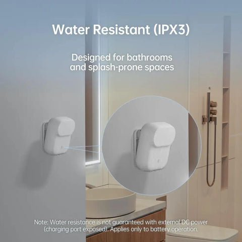 Wireless Human Presence Sensor With MmWave Radar installed in bathroom setting, showing IPX3 water resistance for moisture-prone areas.