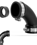 3 Inch Flexible PVC 90 Degree Elbow With Optional 2 Inch Reducer Bushing For DWV Cast Iron Steel And Plastic Pipe Connections Pro Approved Easy Drain Fix black elbow with clamp and reducer