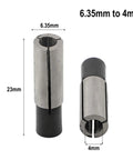 Collet adapters (2) for CNC router spindles; 6.35mm to 4mm, 65Mn steel shank converter.
