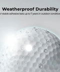 Close-up of a golf ball with water droplets, featuring weatherproof durability text for Golf Club And Golf Ball Dope Reflective Dot Stickers.