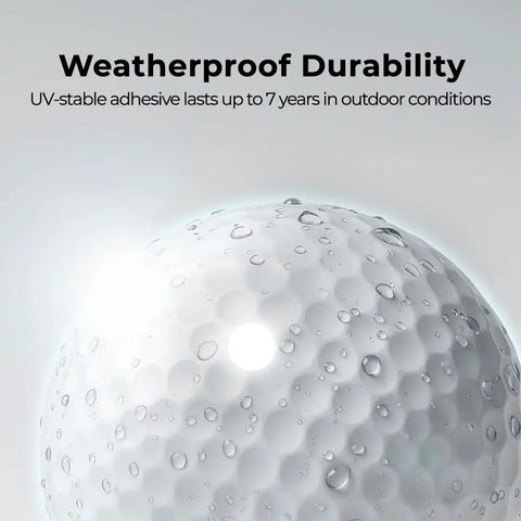 Close-up of a golf ball with water droplets, featuring weatherproof durability text for Golf Club And Golf Ball Dope Reflective Dot Stickers.
