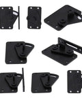 No Sweat Black Carbon Steel Sliding Barn Door Latch Lock With Slick Powder Coated Finish For Smooth Pocket And Rugged Garage Security Installation, various angles of latch components.
