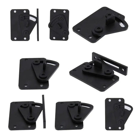 No Sweat Black Carbon Steel Sliding Barn Door Latch Lock With Slick Powder Coated Finish For Smooth Pocket And Rugged Garage Security Installation, various angles of latch components.