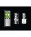 Pro High Flow Air Tool Coupler And Plug Kit, 7 Piece, 1/4 Inch NPT, Push To Connect System, showing green and silver components.