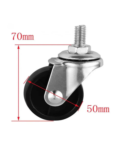 Close-up of a Five Pack 2 Inch Light Black PP Stem Caster with M10 screw, 70mm total height, for heavy furniture and DIY projects.