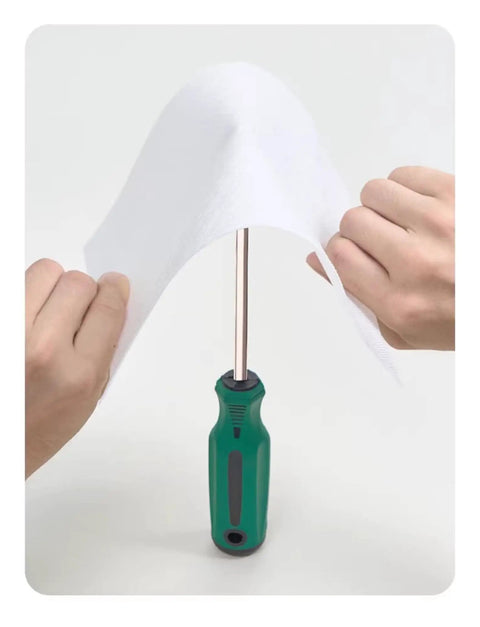 Hands holding a white membrane over a green screwdriver, showing flexibility of the Straight Up Heavy Duty Polyethylene Waterproof Membrane Roll For Roofing Felt Underlayment Built Tough To Handle Daily Grind Without Failing Keeps Water Locked Out On Any Project.